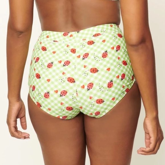 Unique Vintage high waisted bikini bottoms green gingham with ladybugs NWT - Picture 2 of 7